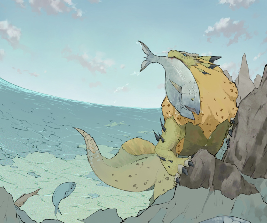 animal blue_eyes claws cloud fins fish holding holding_animal holding_fish horizon horns hunting monster_hunter_(series) nature no_humans ocean open_mouth rock royal_ludroth sky spikes sponge user_gdzk5382 yellow_eyes