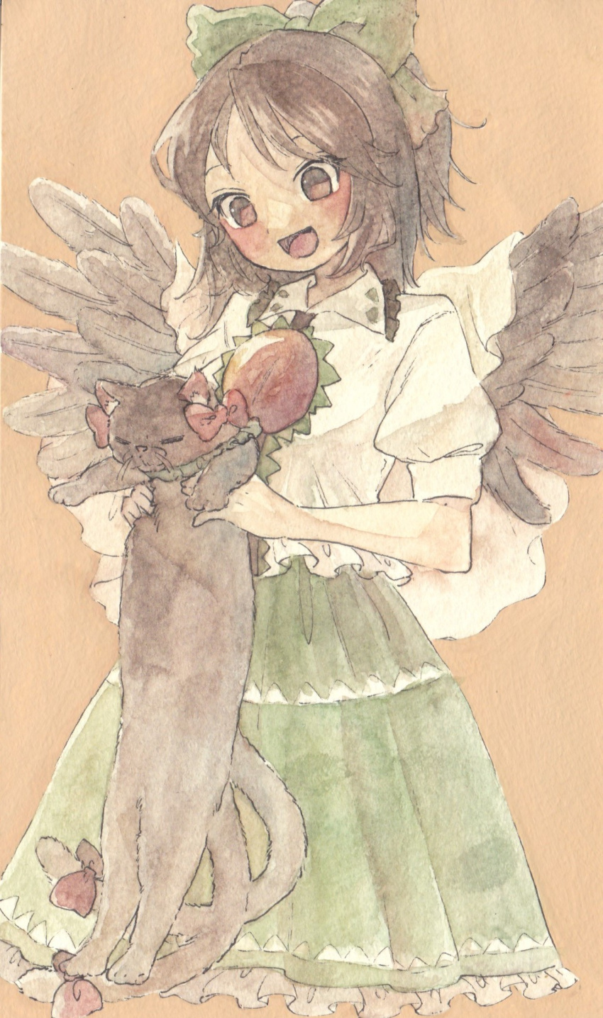 1girl :d animal bird_wings black_cat blush bow brown_background brown_eyes brown_hair brown_wings cape cat collared_shirt commentary_request cowboy_shot frilled_shirt_collar frilled_skirt frills green_bow green_skirt hair_bow highres holding holding_animal holding_cat kaenbyou_rin kaenbyou_rin_(cat) long_hair longcat_(meme) medium_bangs meme nekomata open_mouth puffy_short_sleeves puffy_sleeves red_bow reiuji_utsuho sasa6666s shirt short_sleeves simple_background skirt smile solo tail tail_bow tail_ornament third_eye touhou white_cape white_shirt wings