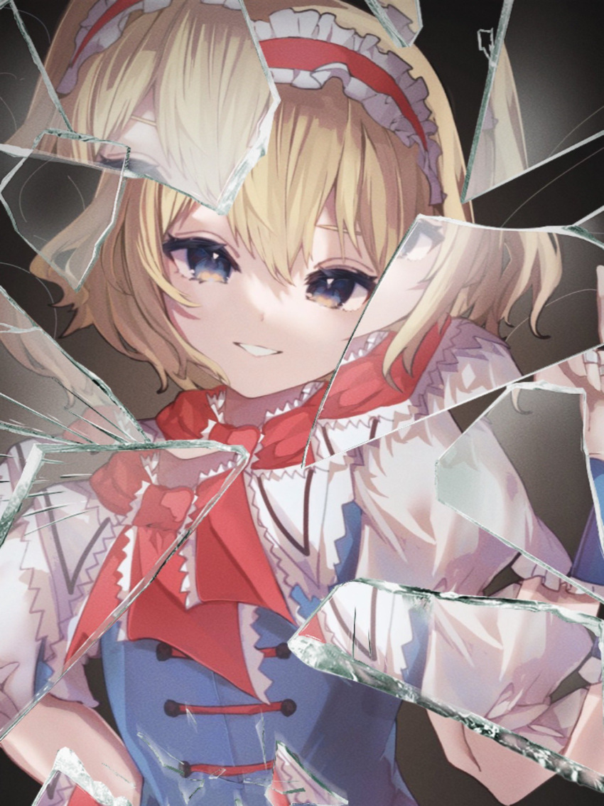 1girl alice_margatroid black_background blonde_hair blue_dress blue_eyes blue_wrist_cuffs bow buttons capelet dress frilled_hairband frilled_wrist_cuffs frills glass_shards hair_between_eyes hairband hayuk0 highres long_sleeves looking_at_viewer open_mouth parted_lips puffy_short_sleeves puffy_sleeves red_hairband red_ribbon ribbon short_hair short_sleeves simple_background smile solo string teeth touhou upper_body white_capelet wrist_cuffs