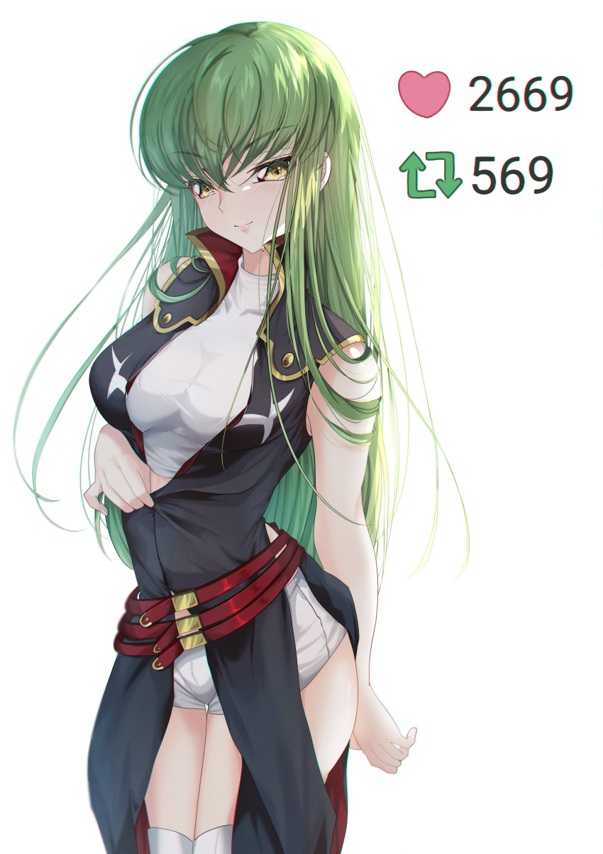 &gt;:) 1girl absurdres arm_at_side belt black_dress blush breasts budgiepon c.c. closed_mouth code_geass commentary cowboy_shot crop_top crossed_bangs curvy dress english_commentary eyelashes green_hair hair_between_eyes hair_over_shoulder hand_up highres hip_vent lips long_hair looking_at_viewer medium_breasts meme red_belt seductive_smile shirt shorts simple_background sleeveless sleeveless_dress smile solo standing straight_hair thigh_gap thighhighs twitter_strip_game_(meme) undressing v-shaped_eyebrows very_long_hair white_background white_shirt white_shorts white_thighhighs yellow_eyes