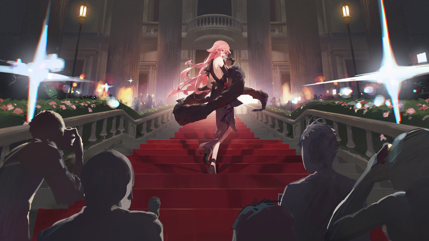 1girl 5others absurdres bare_shoulders black_dress black_footwear black_gloves camera card closed_mouth dress elbow_gloves flower full_body genshin_impact gloves high_heels highres holding holding_camera holding_card looking_at_viewer looking_back modare multiple_others night outdoors pink_eyes pink_hair red_carpet smile solo_focus stairs standing yae_miko