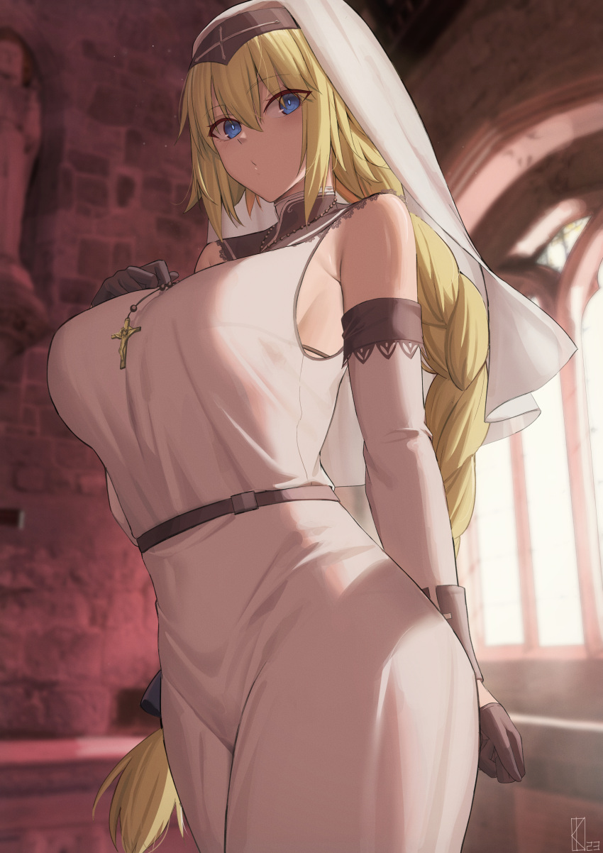 1girl absurdres blonde_hair blue_eyes blush braid braided_ponytail breasts dress fate/apocrypha fate/grand_order fate_(series) habit highres jeanne_d'arc_(fate) jeanne_d'arc_(ruler)_(fate) kakeku large_breasts long_hair looking_at_viewer solo very_long_hair