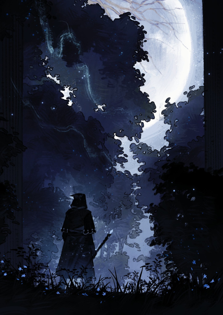 1other ambiguous_gender black_capelet bush capelet cloak coat dark elden_ring facing_away flower forest from_behind full_moon glowing grass hat highres holding holding_staff hood hood_up la_bo_chu_shi long_sleeves moon moonlight nature night night_sky outdoors plant scenery sky solo staff standing star_(sky) starry_sky tarnished_(elden_ring) tree