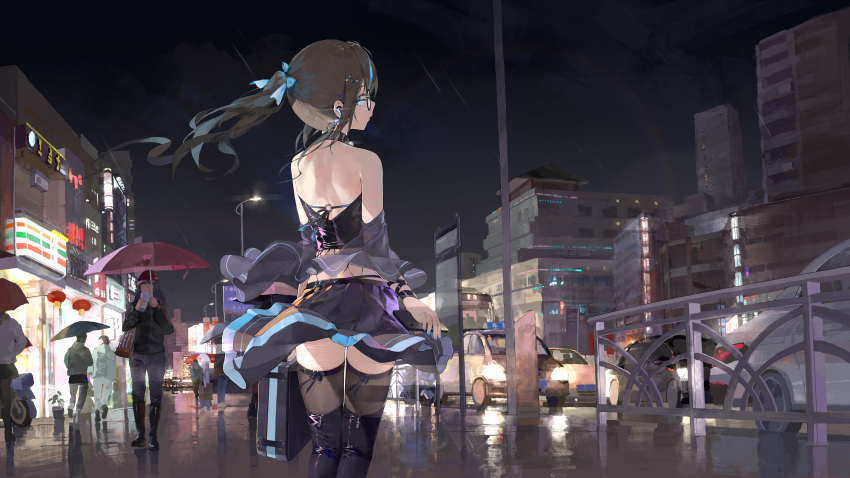 1girl absurdres airpods belt_collar black_skirt black_sleeves black_thighhighs blue_eyes blue_nails blue_ribbon blurry blurry_background bodhi_wushushenghua briefcase brown_hair car chinese_commentary city collar commentary_request detached_sleeves faceless faceless_female from_behind glasses glowing glowing_eyes hair_ornament hair_ribbon hairclip highres holding holding_briefcase holding_umbrella long_hair looking_back motor_vehicle night original outdoors pleated_skirt ponytail rain ribbon shoulder_blades sidelocks sideways_glance skirt sky solo_focus thighhighs umbrella wireless_earphones