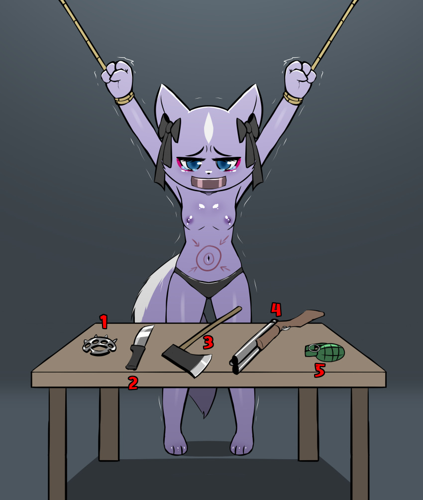 absurd_res anthro areola bdsm blue_eyes bodily_fluids bondage bound breasts clothed clothing e254e female furniture gun hi_res knife looking_at_viewer nipples purple_body ranged_weapon shikabane shotgun solo table tears underwear underwear_only weapon