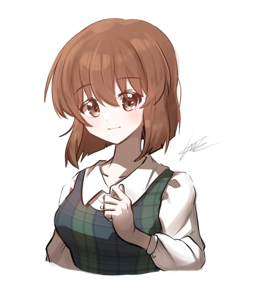 1girl anj-euna_seona blouse blunt_ends blush bob_cut breasts brown_eyes brown_hair close-up closed_mouth collarbone commentary cropped_torso curled_fingers dress green_dress hagiwara_yukiho hair_strand hand_up highres idolmaster idolmaster_(classic) light_blush light_smile long_sleeves looking_at_viewer medium_breasts pinafore_dress plaid plaid_dress portrait puffy_sleeves shirt short_hair signature simple_background sleeveless sleeveless_dress smile solo upper_body white_background white_shirt