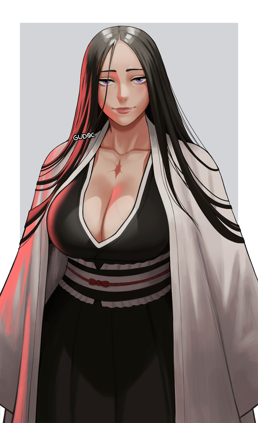 1girl artist_name black_hair black_kimono bleach bleach:_the_thousand-year_blood_war border breasts cleavage collarbone commentary grey_background gud0c haori highres japanese_clothes kimono large_breasts light_smile long_hair looking_at_viewer obi purple_eyes sash scar scar_on_chest simple_background smile solo straight_hair taichou_haori unohana_retsu white_border white_sash