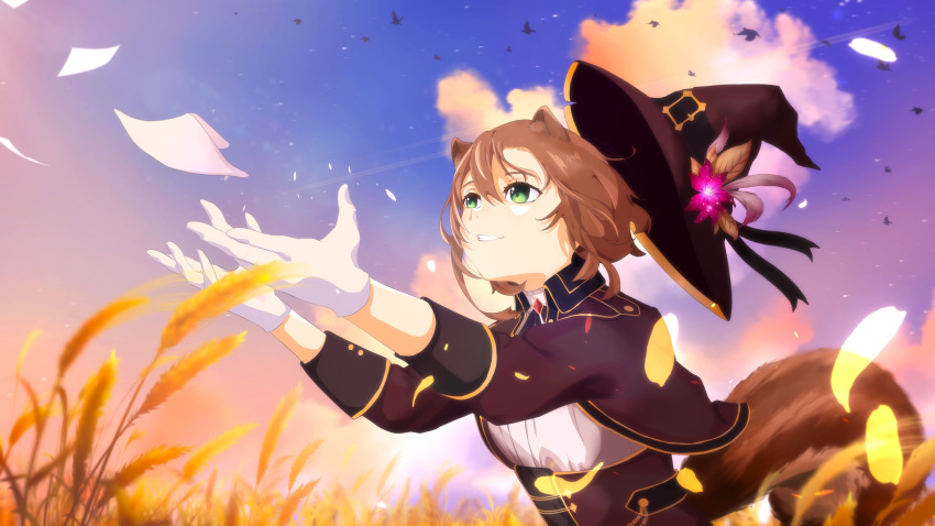 1girl absurdres animal_ears anip ayunda_risu ayunda_risu_(3rd_costume) bird blue_sky brown_hair brown_headwear brown_jacket chain cloud cropped_jacket flower flying_paper gem gloves green_eyes hat hat_belt hat_flower hat_removed hat_ribbon headwear_removed highres hololive hololive_indonesia jacket jewelry long_sleeves neck_ribbon outstretched_arms paper pink_flower ribbon shirt short_hair sky sleeve_cuffs smile squirrel_ears squirrel_girl squirrel_tail tail upper_body virtual_youtuber wheat_field white_gloves white_shirt witch_hat