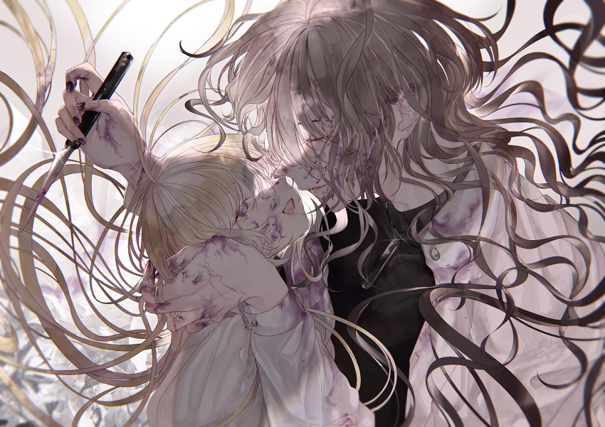 1boy 1girl age_difference androgynous bishounen black_shirt blonde_hair closed_eyes couple dress face-to-face grey_hair hetero highres holding holding_knife jacket knife looking_at_another msa_(fary_white) open_clothes open_jacket open_mouth original paint_stains purple_eyes shirt slit_pupils smile wavy_hair white_dress white_jacket