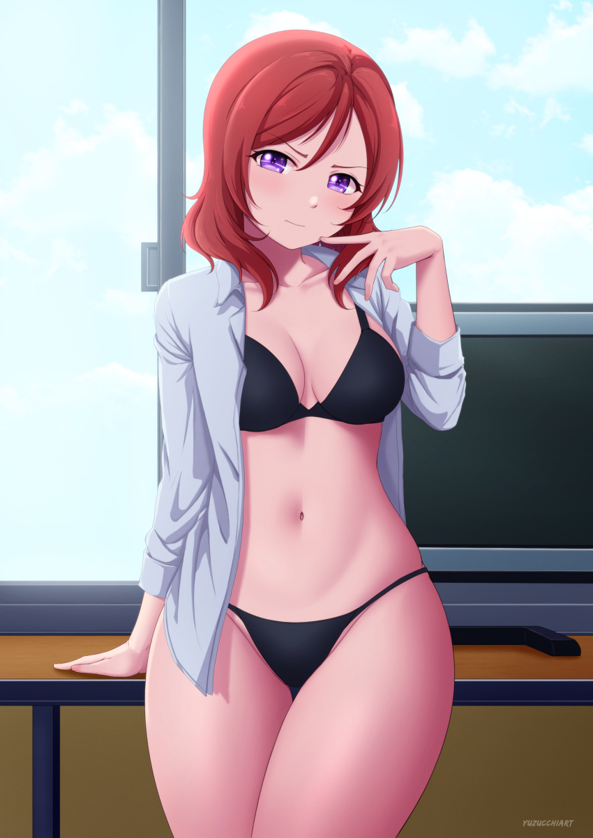 1girl black_bra black_panties bra breasts cleavage cowboy_shot highres looking_at_viewer love_live! love_live!_school_idol_project medium_breasts medium_hair monitor navel nishikino_maki open_clothes open_shirt panties purple_eyes red_hair shirt solo stomach table thighs underwear white_shirt window yuzucchiart