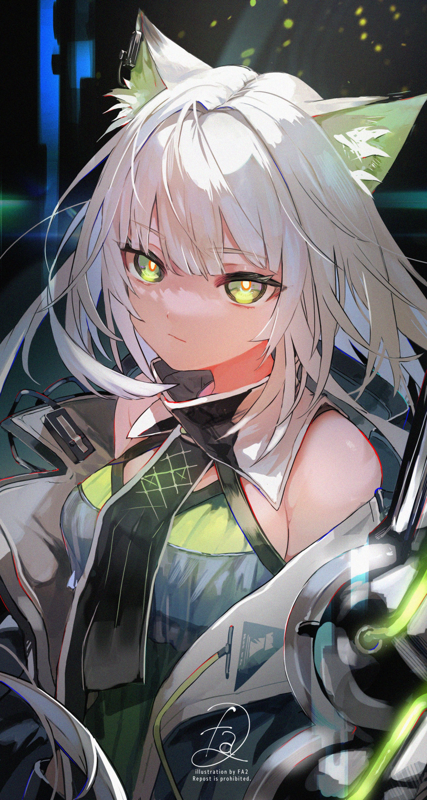 1girl absurdres animal_ear_fluff animal_ears arknights bare_shoulders black_necktie breasts cat_ears cat_girl cleavage commentary earpiece fa2_(etu831) film_grain floating_hair green_eyes green_shirt highres jacket kal'tsit_(arknights) kal'tsit_(remnant)_(arknights) large_breasts light_particles long_hair looking_at_viewer necktie official_alternate_costume open_clothes open_jacket shirt signature sleeveless sleeveless_shirt solo upper_body white_hair
