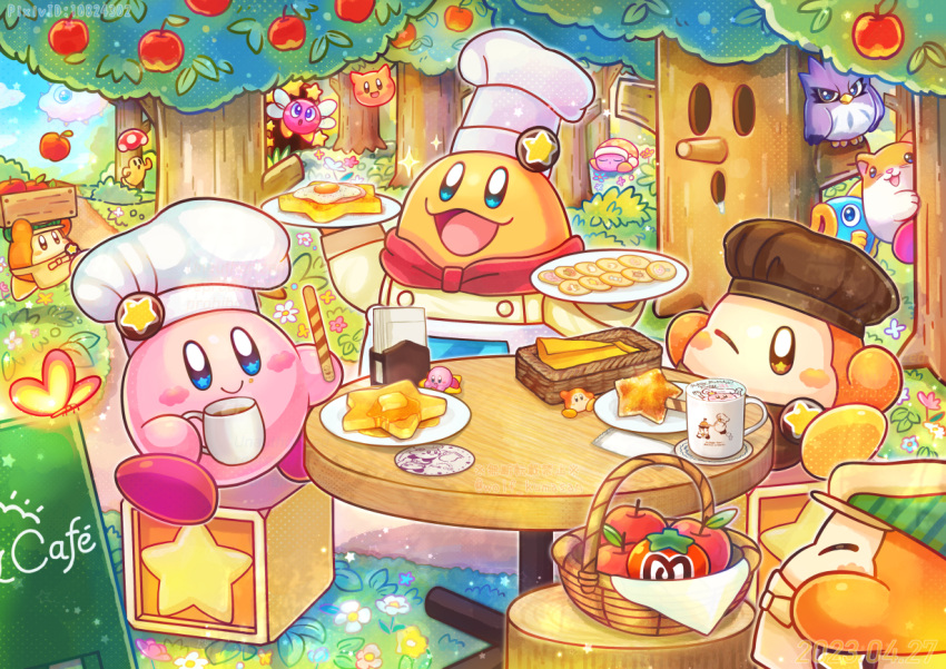 apple bronto_burt bug butterfly butterfly_wings cappy_(kirby) chef_hat chef_kawasaki colored_skin coo_(kirby) cookie cup dated flower food fruit hat kine_(kirby) kirby kirby_(series) kirby_cafe kracko maxim_tomato mug ninjya_palette no_humans noddy_(kirby) one_eye_closed open_mouth pancake pink_skin rick_(kirby) scarfy sitting smile solid_oval_eyes star_(symbol) waddle_dee whispy_woods wings