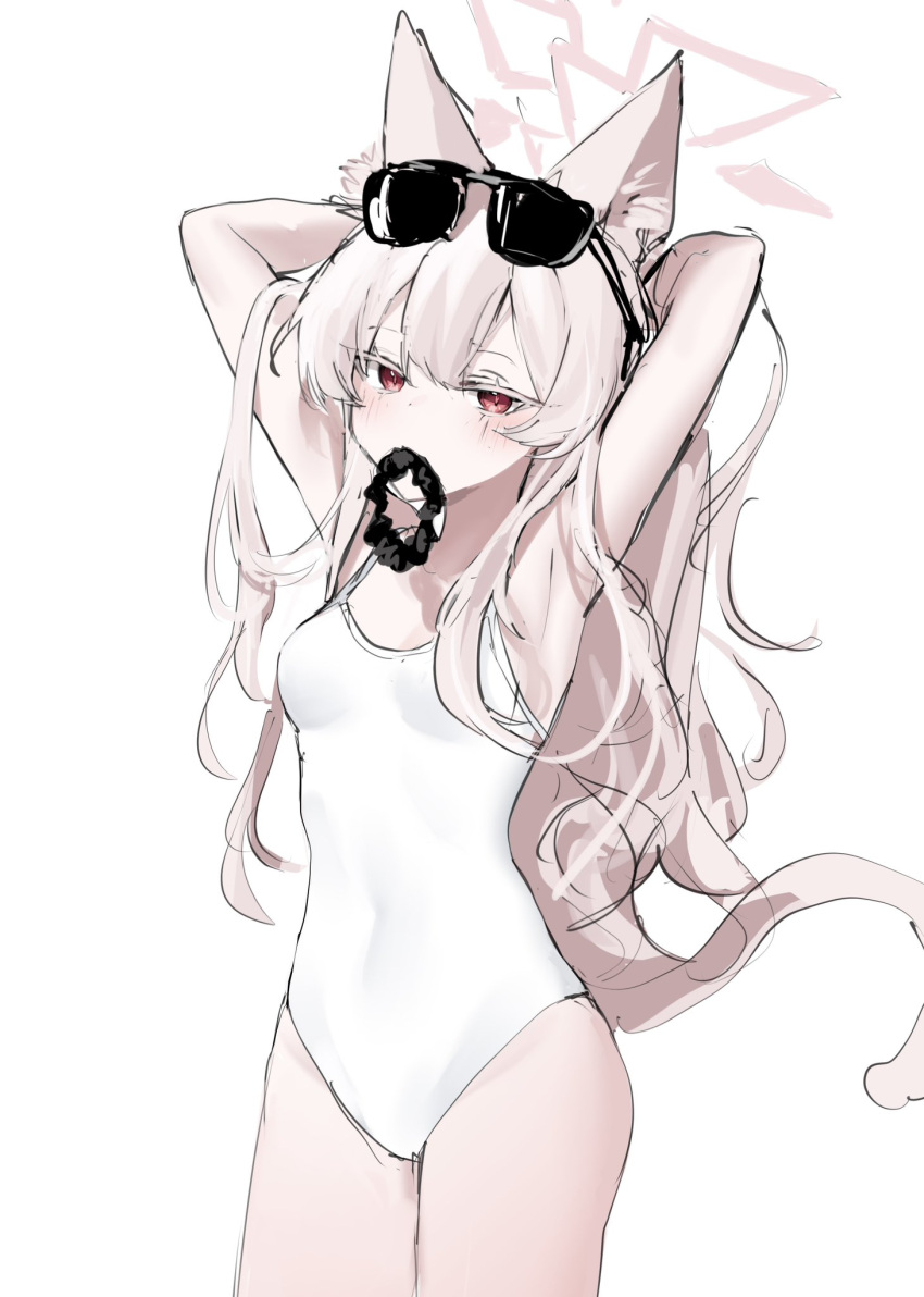 1girl akira_(blue_archive) animal_ear_fluff animal_ears arms_behind_head arms_up blue_archive blush breasts danbal eyewear_on_head hair_tie_in_mouth halo highres long_hair looking_at_viewer mouth_hold one-piece_swimsuit pink_hair red_eyes scrunchie simple_background small_breasts solo sunglasses swimsuit tail very_long_hair white_background white_one-piece_swimsuit white_swimsuit