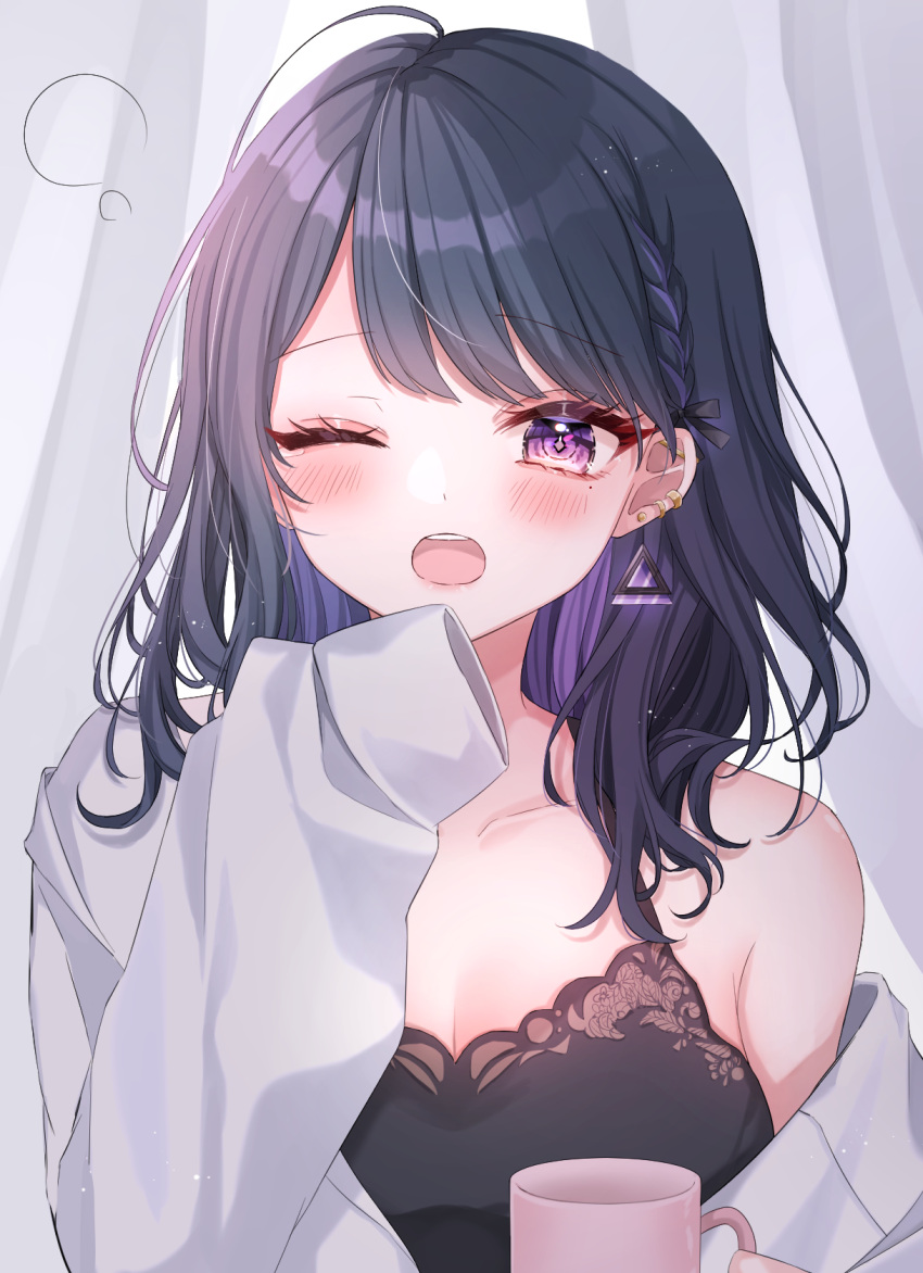 1girl ;o black_camisole black_hair braid breasts camisole colored_inner_hair cup curtains diamond-shaped_pupils diamond_(shape) earrings french_braid highres holding holding_cup jacket jewelry koshimizu_toru koshimizu_toru_(2nd_costume) looking_at_viewer medium_breasts mole mole_under_eye multicolored_hair nijisanji off_shoulder official_alternate_hairstyle one_eye_closed open_clothes open_jacket purple_hair shain single_bare_shoulder sleepy sleeves_past_fingers sleeves_past_wrists solo swept_bangs symbol-shaped_pupils triangle_earrings upper_body virtual_youtuber white_jacket yawning