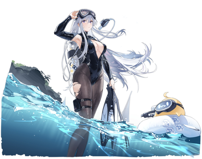 1girl arm_up armpit_cutout armpits azur_lane black_pantyhose black_wetsuit bodysuit breasts center_opening clothing_cutout diving_mask diving_suit enterprise_(azur_lane) enterprise_(diving_under_blue_skies)_(azur_lane) goggles highres kurumi_(recycllamo) large_breasts manjuu_(azur_lane) official_alternate_costume official_art pantyhose purple_eyes scuba scuba_tank solo torn_clothes torn_pantyhose transparent_background water wetsuit