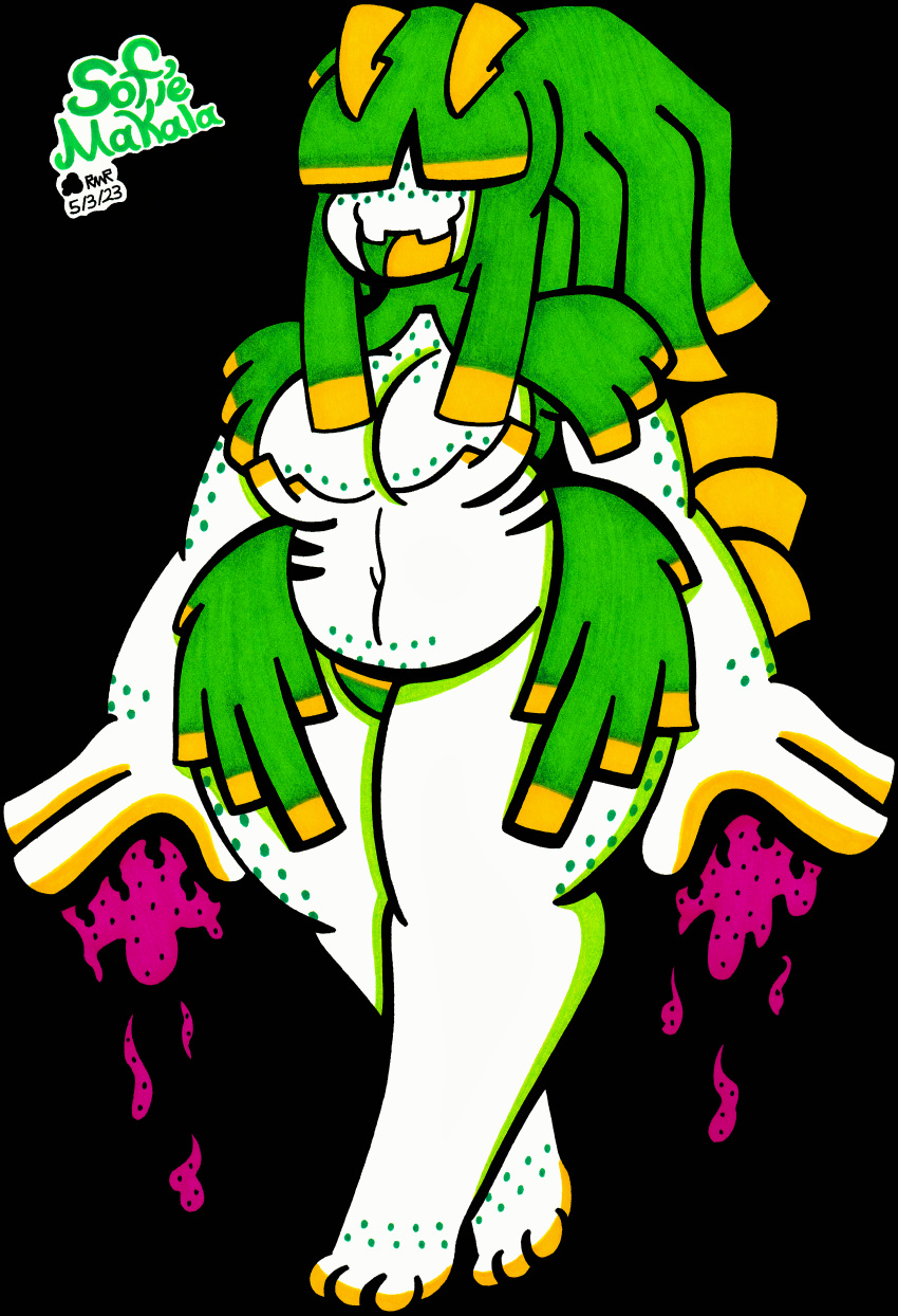 2023 3_toes 4_fingers absurd_res animal_humanoid antennae_(anatomy) anthro aquatic_gastropod bangs belly big_forearms big_hands bottomwear breasts buckteeth clothing curvaceous curvy_figure feet female fin fingers forearms freckles gastropod gills green_hair hair hair_over_eyes hi_res highlights_(coloring) humanoid marine mollusk mollusk_humanoid naturally_censored navel nude nudibranch open_mouth pinup poison poncho ponytail pose pseudo_clothing pseudo_hair sea_slug short_stack short_tail skirt slightly_chubby slime slug sofie_makala_(thegrumpiestpanda) solo spots spotted_body tail tasteful_nudity teeth thegrumpiestpanda_(artist) thick_thighs toes traditional_media_(artwork) voluptuous white_body white_skin wide_hips