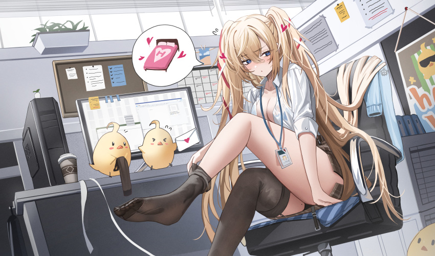 1girl absurdres azur_lane black_thighhighs blonde_hair blue_eyes blush breasts chair cleavage coffee_cup collared_shirt commentary_request cup desktop disposable_cup garter_straps gorizia_(azur_lane) gorizia_(unrequited_office_love?)_(azur_lane) hair_between_eyes highres id_card jeze lanyard leg_up long_hair manjuu_(azur_lane) medium_breasts mole mole_on_thigh office_chair office_lady official_alternate_costume pantyhose shirt skirt solo swivel_chair thighhigh_removed thighhighs thighs thought_bubble twintails white_shirt