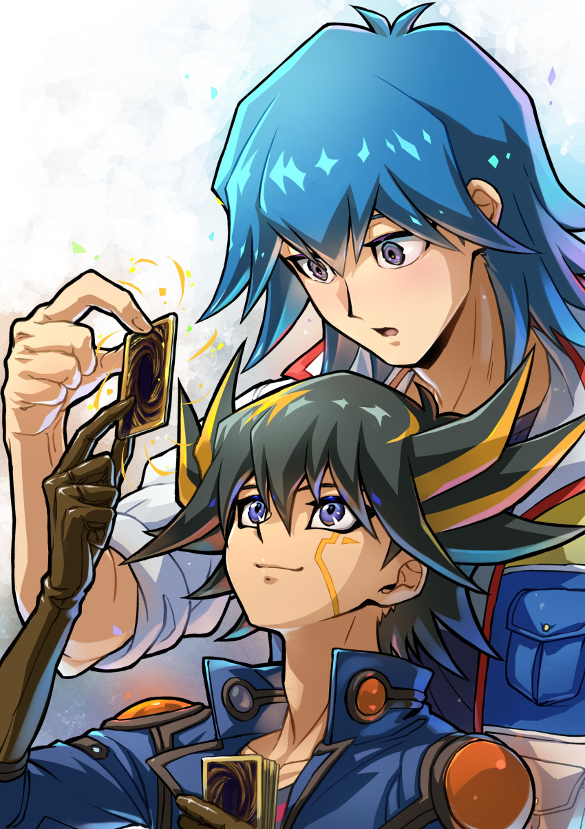 2boys :o absurdres black_hair blue_eyes blue_hair blue_jacket brown_gloves bruno_(yu-gi-oh!) card commentary_request elbow_gloves facial_mark facial_tattoo fudou_yuusei gloves hand_up high_collar highres holding holding_card jacket looking_up male_focus marking_on_cheek multicolored_hair multiple_boys open_clothes open_jacket open_mouth purple_eyes shirt short_hair shoulder_pads sleeves_rolled_up smile spiked_hair streaked_hair tattoo trading_card upper_body youko-shima yu-gi-oh! yu-gi-oh!_5d's