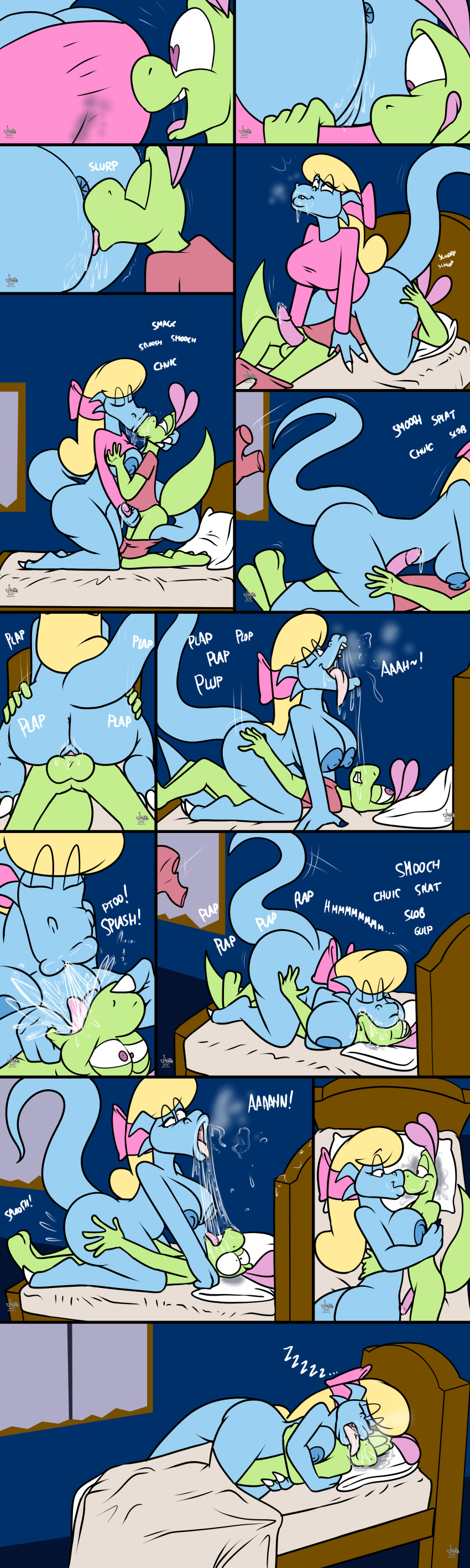 absurd_res alice_(jamearts) anus bed blue_body bodily_fluids breasts comic cunnilingus dragon female furniture genitals green_body hi_res jamearts jimmy_(jamearts) kissing lizard male male/female nipples oral penis pussy reptile saliva scalie sex vaginal