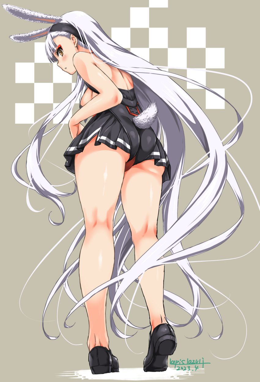 1girl absurdres animal_ears ass azur_lane backless_outfit black_footwear blush breasts brown_eyes commentary_request dated from_behind from_below full_body grey_background highres long_hair looking_at_viewer looking_back pleated_skirt rabbit_ears rabbit_girl rabbit_tail shimakaze_(azur_lane) sideboob skirt solo standing tail umyonge_(lkakeu) very_long_hair white_hair