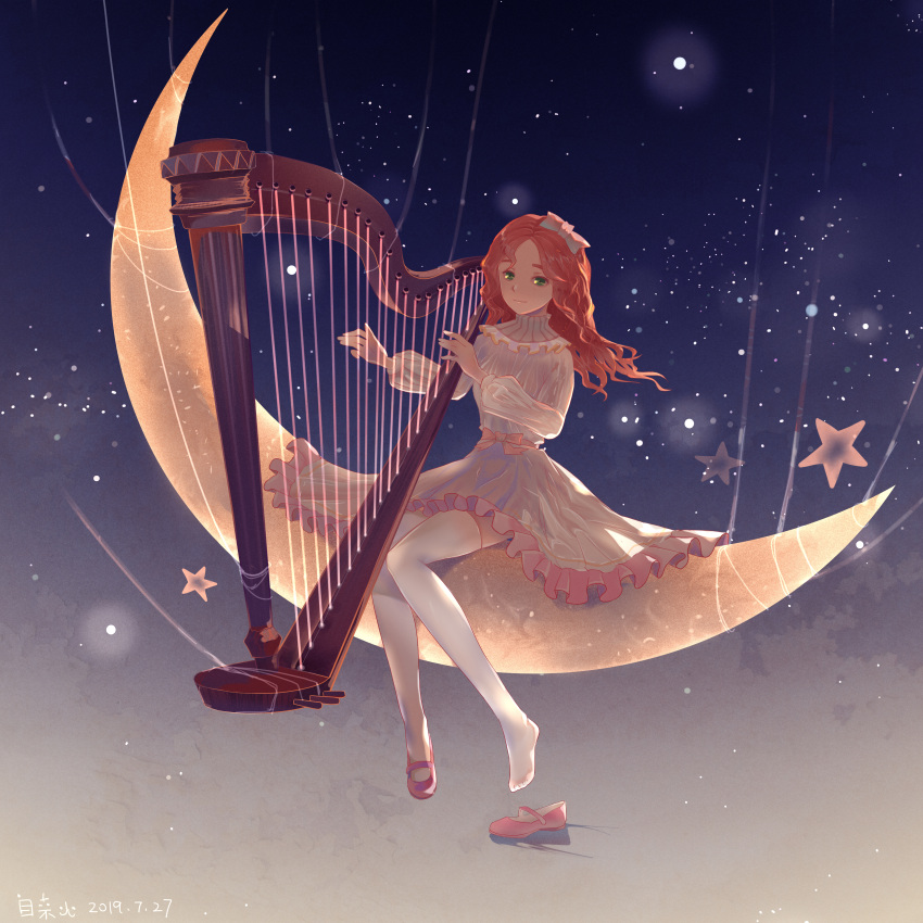 1girl absurdres bow crescent_moon dated dress ginger_(my_time_at_portia) green_eyes hair_bow harp highres instrument legs moon music my_time_at_portia no_shoes pink_footwear playing_instrument red_hair shoes single_shoe sitting solo star_(sky) thighhighs toes white_dress zilaihuoye