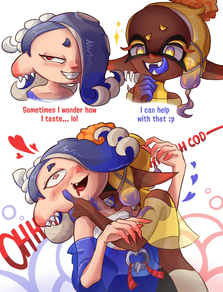 2girls @_@ absurdres aroused biting blue_tongue colored_tongue dark-skinned_female dark_skin drooling english_text fangs frye_(splatoon) hand_on_another's_face heart highres how_i_taste_(meme) ink leyko licking_lips meme multiple_girls neck_biting open_mouth pointy_ears shiver_(splatoon) splatoon_(series) splatoon_3 tentacle_hair tongue tongue_out upper_body yuri