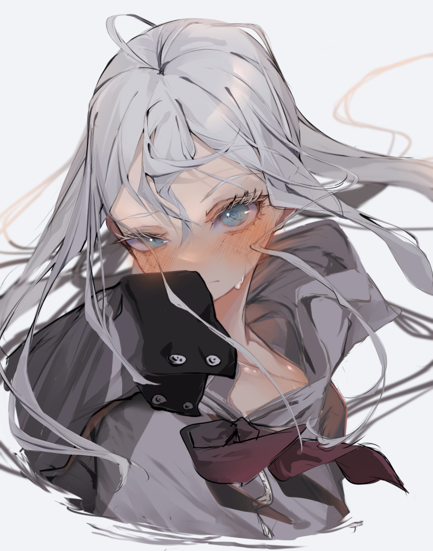 1girl absurdres ahoge blue_eyes blush closed_mouth grey_background grey_hair grey_shirt hair_between_eyes highres long_hair looking_at_viewer neckerchief project_sekai red_neckerchief shirt simple_background sleeves_past_fingers sleeves_past_wrists solo tsune_(tune) upper_body yoisaki_kanade