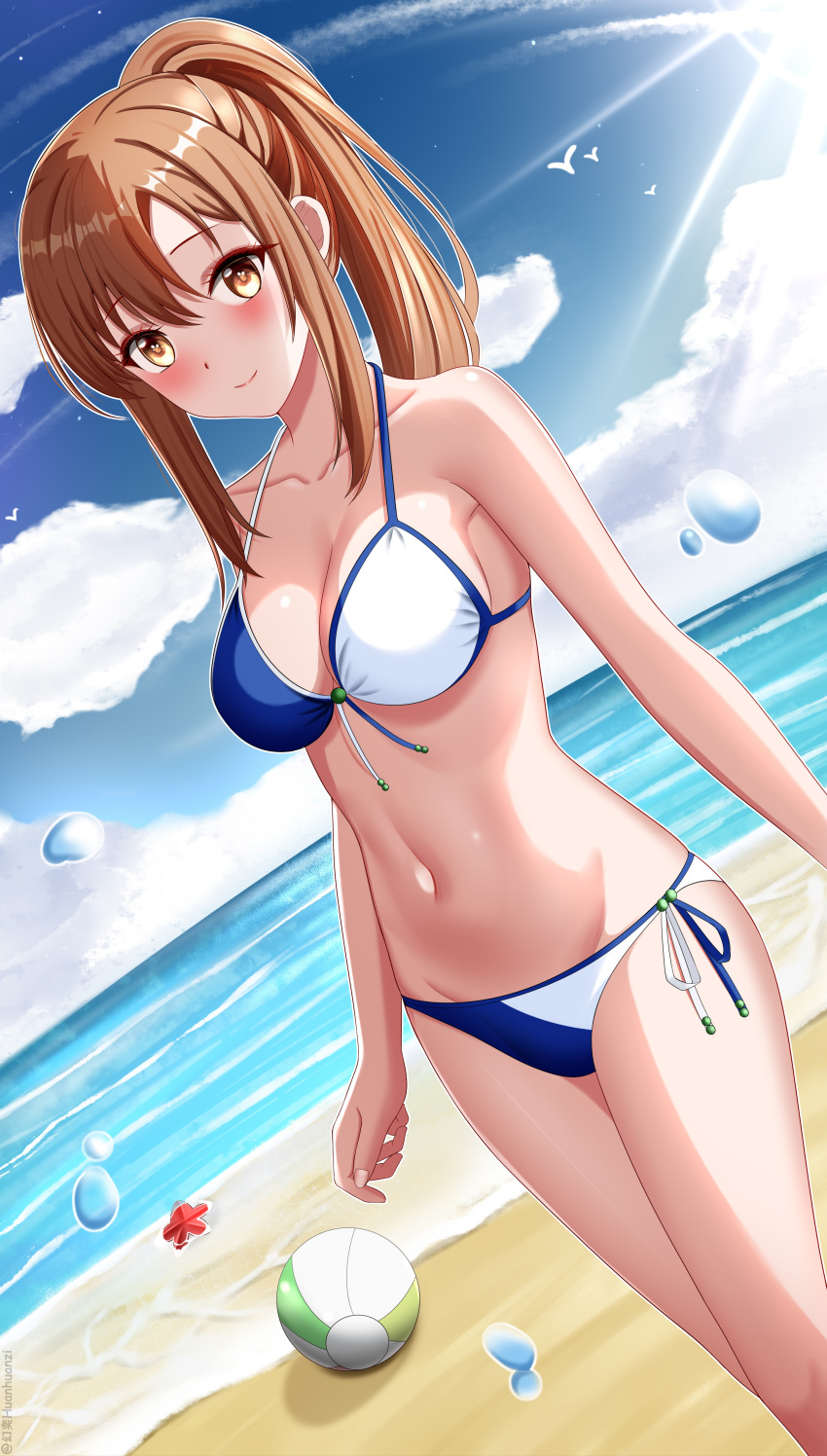 1girl absurdres aoyama_nanami ball beach beachball bikini blue_sky breasts brown_eyes brown_hair chinese_commentary cloud commentary_request commission day dutch_angle feet_out_of_frame front-tie_bikini_top front-tie_top highres horizon huanyi_huanhuanzi long_hair medium_breasts ocean outdoors pixiv_commission ponytail sakura-sou_no_pet_na_kanojo side-tie_bikini_bottom sidelocks sky solo starfish swimsuit two-tone_bikini