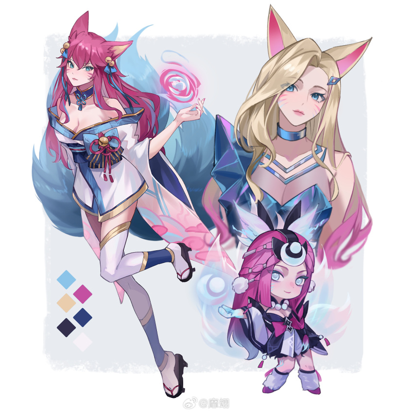 3girls ahri_(league_of_legends) animal_ears blonde_hair blue_eyes breasts chinese_commentary cleavage closed_mouth facial_mark fingernails fox_ears fox_girl fox_tail green_eyes grey_eyes hair_between_eyes hair_ornament hairclip highres k/da_all_out_ahri league_of_legends light_blush long_hair looking_at_viewer multiple_girls multiple_persona multiple_tails multiple_views nail_polish official_alternate_costume official_alternate_hairstyle pink_hair pink_nails sidelocks simple_background smile snow_moon_ahri spirit_blossom_ahri standing tail weibo_miyi whisker_markings