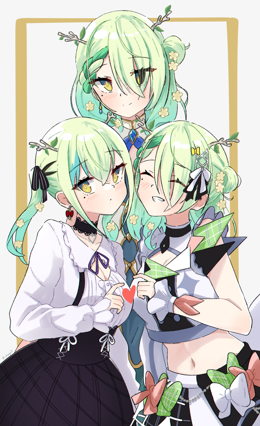 3girls absurdres antlers black_choker blue_dress blush border breasts ceres_fauna ceres_fauna_(1st_costume) ceres_fauna_(3rd_costume) choker cleavage clone closed_eyes commentary dress english_commentary flower green_hair grin hair_flower hair_ornament hair_ribbon heart highres hololive hololive_english hololive_idol_uniform_(bright) jirai_kei large_breasts long_hair looking_at_viewer magui3 midriff mole mole_under_eye multiple_girls navel official_alternate_costume ribbon shirt simple_background smile stomach twintails two_side_up virtual_youtuber white_background white_shirt yellow_eyes