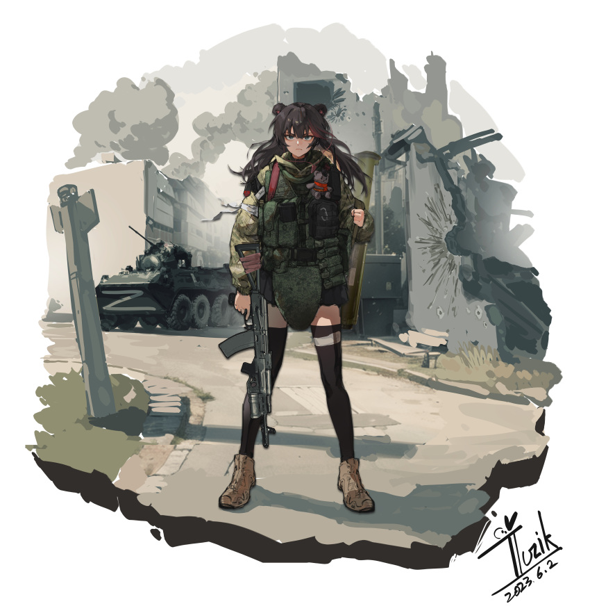 1girl 1other absurdres alternate_costume animal_ears ankle_boots arknights bear_ears black_hair black_thighhighs blue_eyes boots brown_footwear camouflage city closed_mouth dated day full_body gun highres holding holding_gun holding_weapon long_hair long_sleeves looking_at_viewer military military_vehicle missile motor_vehicle multicolored_hair outdoors red_hair road signature smoke solo_focus standing streaked_hair street stuffed_animal stuffed_toy tank teddy_bear thighhighs trigger_discipline tuziki_sang two-tone_hair v-shaped_eyebrows walkie-talkie weapon weapon_request zima_(arknights)