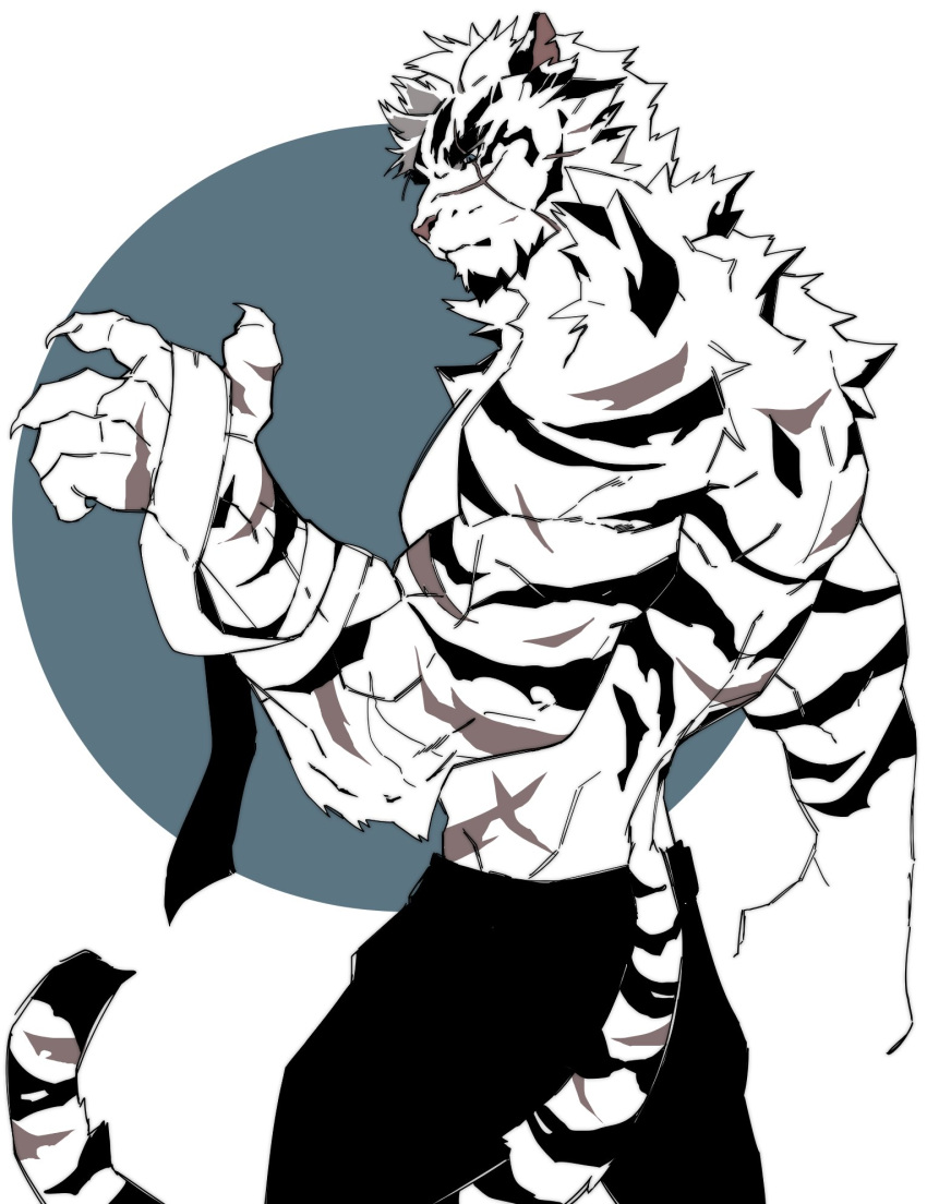 1boy alternate_muscle_size animal_ears arknights bandages bara expressionless facial_hair feet_out_of_frame furry furry_male goatee hagrang highres large_hands male_focus mountain_(arknights) muscular muscular_male pectorals scar scar_across_eye scar_on_arm short_hair solo standing thick_eyebrows tiger_boy tiger_ears topless_male white_hair