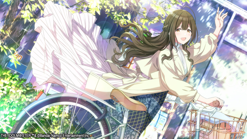 1girl ahoge bicycle braid brown_eyes brown_hair coat commentary_request day dutch_angle highres idolmaster idolmaster_shiny_colors kuwayama_chiyuki long_hair long_skirt long_sleeves looking_at_viewer official_art outdoors skirt solo waving wind