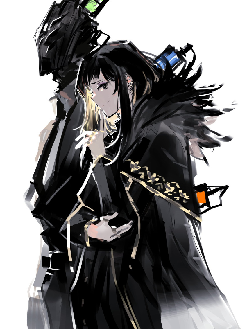 1boy 1girl baral_(library_of_ruina) black_coat black_dress black_eyes black_hair black_jacket black_necktie coat collared_shirt dress feather-trimmed_coat grin helm helmet highres jacket library_of_ruina looking_at_viewer necktie profile project_moon remsrar shirt smile syringe white_background white_shirt zena_(library_of_ruina)