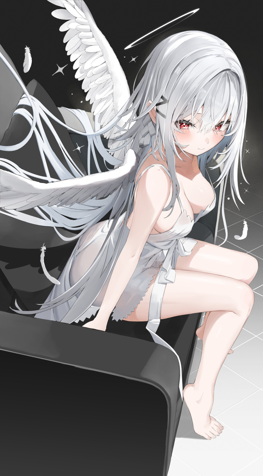 1girl absurdres angel angel_wings bare_shoulders barefoot black_background blush breasts cleavage closed_mouth commentary detached_wings dress feathered_wings gradient_background halo highres kamioka_shun'ya looking_to_the_side medium_breasts mini_wings original red_eyes sitting solo tiles white_dress white_wings wings