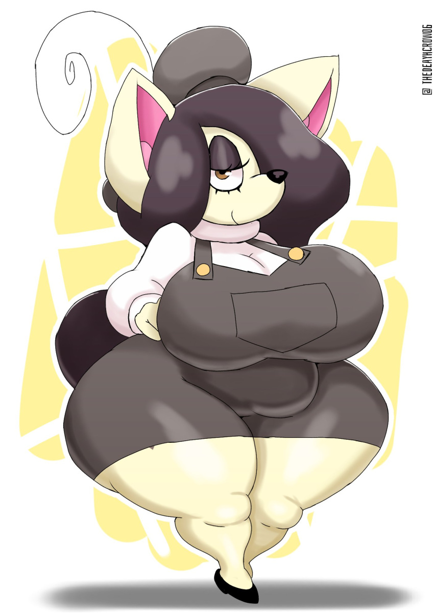 anthro belly big_breasts black_hair breasts brown_eyes canid canine canis clothing domestic_dog female footwear hair hat headgear headwear hi_res lilith_(thedeathcrow05) mammal one_eye_obstructed overalls shirt shoes smile solo thedeathcrow05 thick_thighs topwear yellow_body
