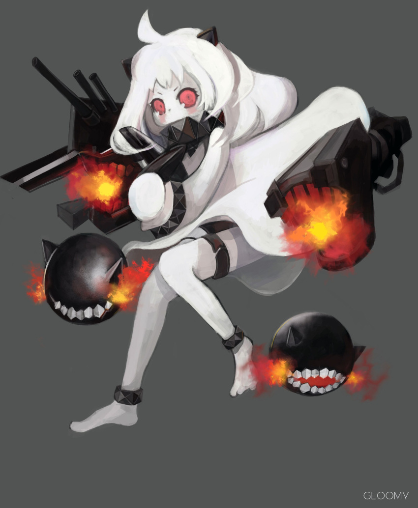 absurdres ahoge anklet barefoot black_panties blush covered_mouth dot_nose dress eyelashes fire full_body gloomy-g grey_background hairpods highres jewelry kantai_collection northern_ocean_princess panties red_eyes simple_background thigh_strap underwear white_dress white_mittens