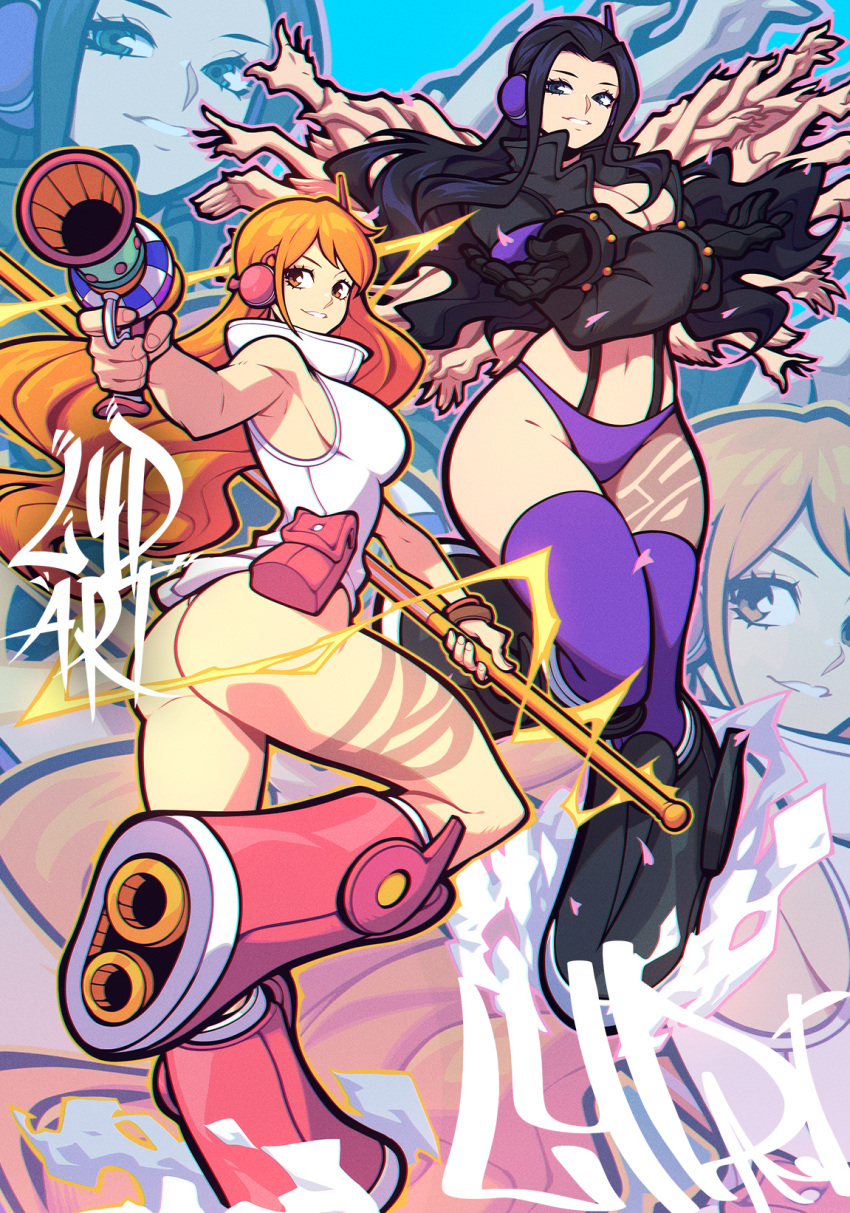 2girls ass bare_shoulders belt_bag black_footwear black_hair black_jacket boots bracelet breasts clima-tact commentary cropped_jacket electricity from_side gun headphones high_collar highres holding holding_gun holding_staff holding_weapon jacket jewelry knee_boots knee_up large_breasts leotard long_hair looking_at_viewer looking_to_the_side lydart_mclo midriff multiple_girls nami_(one_piece) navel nico_robin official_alternate_costume one_piece orange_eyes orange_hair panties parted_lips pink_bag pink_footwear pink_panties purple_thighhighs radio_antenna science_fiction signature staff standing standing_on_one_leg symbol-only_commentary thighhighs underwear wavy_hair weapon white_leotard