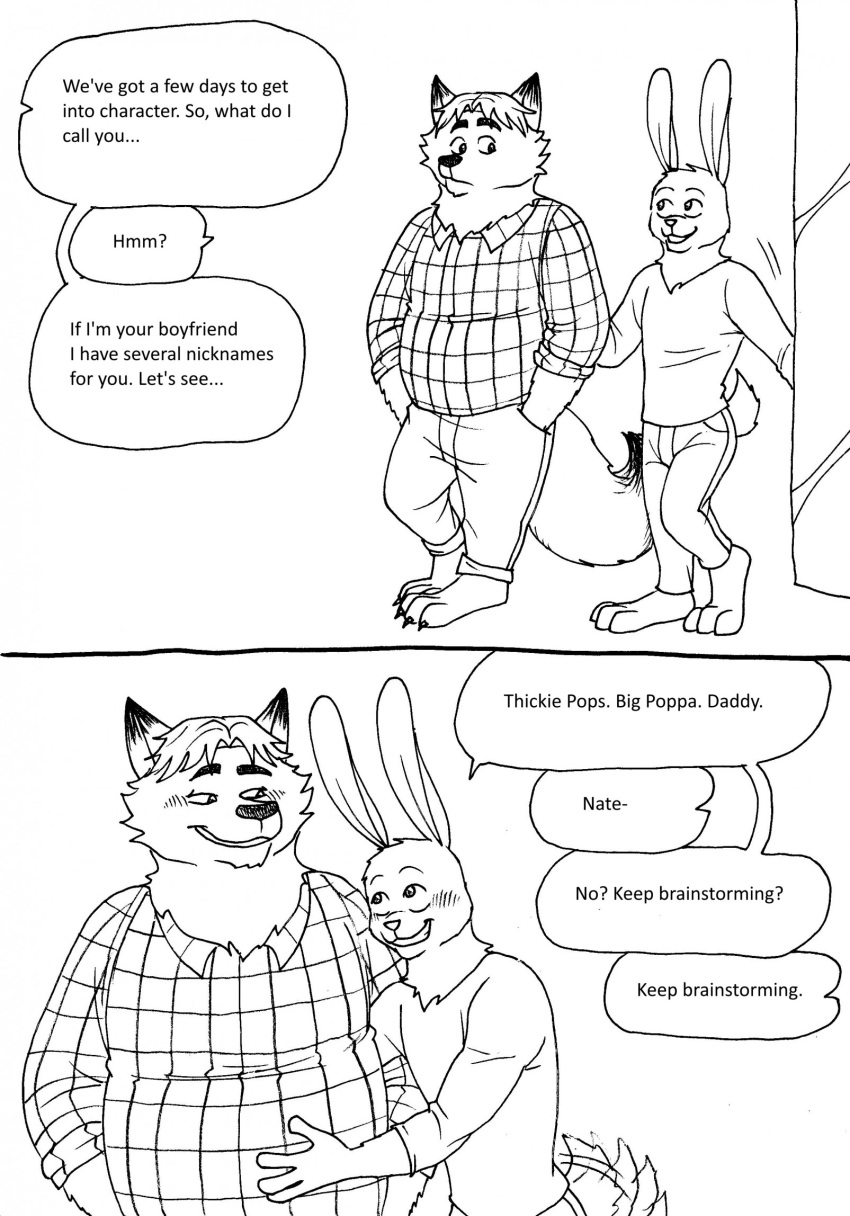 2023 anthro belly bernielover blush bottomwear canid canine clothing comic dialogue disney duo english_text fan_character fox gideon_grey hi_res lagomorph leporid male mammal overweight overweight_male pants rabbit shirt tail tail_motion tailwag text topwear zootopia