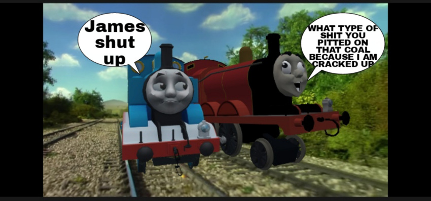 anthro black_eyes blue_body coal drugs duo friends grey_face insane james_the_red_engine lamp living_machine machine male male/male mattel not_furry profanity red_body steam_locomotive thomas_and_friends thomas_the_tank_engine trainzenjoyer triangular_eyebrows wheels whistle_(object) worried