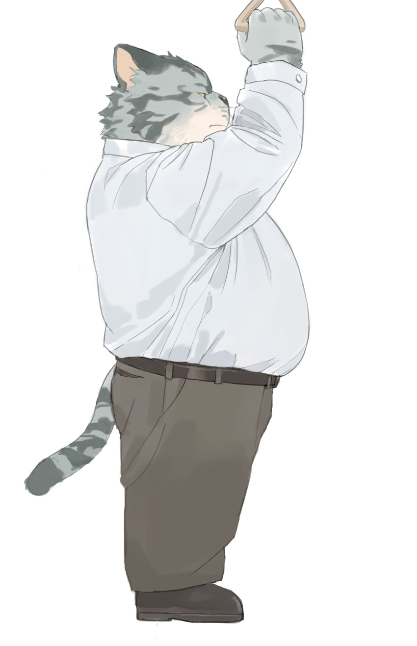 2023 absurd_res anthro belly big_belly bottomwear clothing domestic_cat felid feline felis hi_res humanoid_hands huynhduyad14 kemono male mammal overweight overweight_male pants shirt simple_background solo topwear white_background