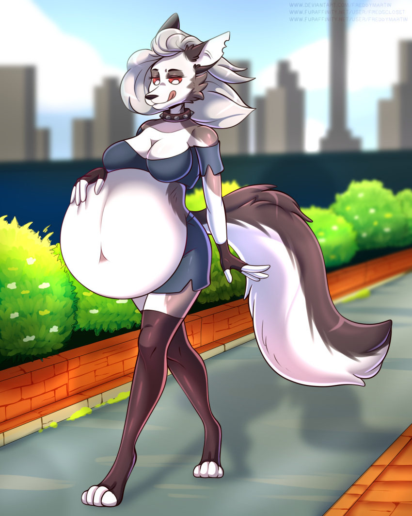 absurd_res anthro belly big_belly breasts canid canid_demon canine demon digital_media_(artwork) female freddymartin fredscloset hellhound helluva_boss hi_res loona_(helluva_boss) mammal open_mouth oral_vore solo tongue tongue_out vore