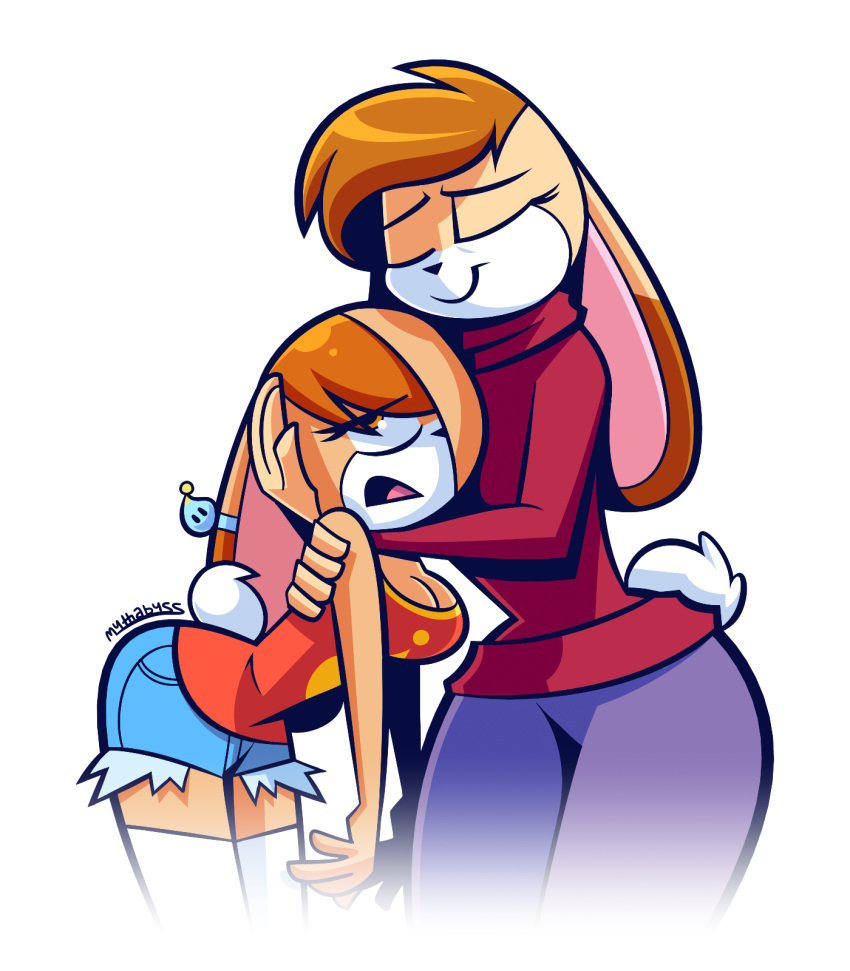 2020 aged_up annoyed anthro breasts butt chao_(sonic) cleavage clothed clothing cream_the_rabbit daughter_(lore) duo embrace eye_roll eyes_closed female half-closed_eyes hi_res hug lagomorph leporid mammal mature_female mother_(lore) mother_and_child_(lore) mother_and_daughter_(lore) mythabyss narrowed_eyes parent_(lore) parent_and_child_(lore) parent_and_daughter_(lore) rabbit scut_tail sega short_tail smile sonic_the_hedgehog_(series) tail thick_thighs vanilla_the_rabbit