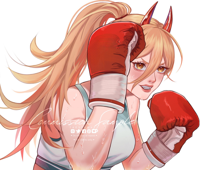 1girl blonde_hair boxing_gloves chainsaw_man cross-shaped_pupils facebook_logo fangs grey_sports_bra high_ponytail highres horns ko-fi_logo long_hair looking_to_the_side parted_lips patreon_logo power_(chainsaw_man) red_horns simple_background smile solo sports_bra sweat symbol-shaped_pupils taestymaee twitter_logo white_background yellow_eyes