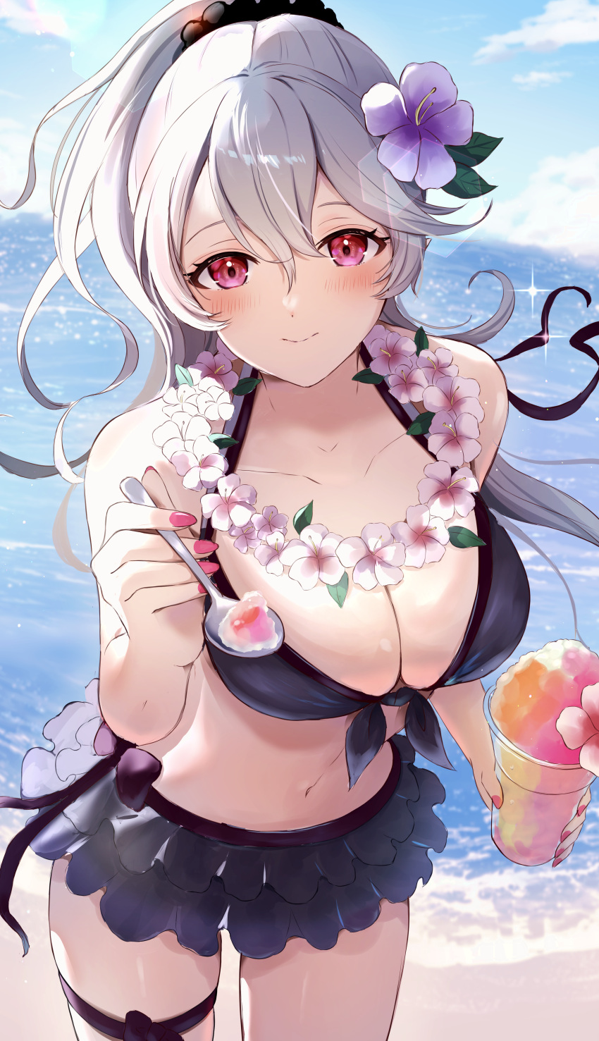 1girl absurdres alternate_color alternate_hairstyle beach bikini black_bikini black_skirt blue_sky blush breasts cleavage cloud collarbone commentary_request corrin_(female)_(fire_emblem) corrin_(female)_(summer)_(fire_emblem) corrin_(fire_emblem) day fingernails fire_emblem fire_emblem_fates fire_emblem_heroes flower flower_necklace frilled_skirt frills hair_between_eyes hair_flower hair_ornament highres holding holding_spoon large_breasts long_hair looking_at_viewer navel norimaki_(nrmk_norinori) ocean official_alternate_costume outdoors pink_flower pink_nails ponytail purple_flower red_eyes sand skirt sky smile solo spoon stomach swimsuit water white_hair