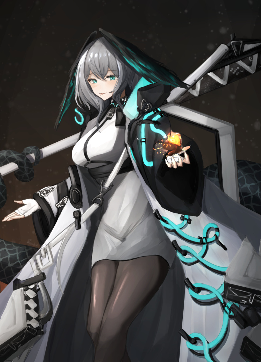 1girl :p aqua_eyes arknights belt black_pantyhose breasts closed_mouth coat dress feet_out_of_frame fingerless_gloves gloves grey_hair head_wings highres ho'olheyak_(arknights) large_breasts light_particles long_hair long_sleeves looking_at_viewer open_clothes open_coat pantyhose smile solo standing tongue tongue_out vincentime white_coat white_dress white_gloves wide_sleeves wings