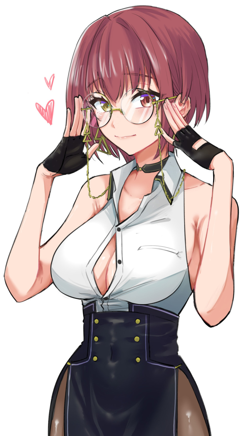 1girl absurdres adjusting_eyewear bespectacled black_choker black_gloves black_skirt breasts brown_pantyhose choker cleavage closed_mouth collared_shirt commentary covered_navel cowboy_shot fingerless_gloves glasses gloves hair_intakes half_gloves heart heterochromia high-waist_skirt highres hololive houshou_marine houshou_marine_(6th_costume) karakr_shin looking_at_viewer medium_breasts official_alternate_costume official_alternate_hair_length official_alternate_hairstyle pantyhose partially_unbuttoned red_eyes red_hair rimless_eyewear round_eyewear shirt shirt_tucked_in short_hair side_slit simple_background skirt sleeveless sleeveless_shirt solo standing virtual_youtuber white_background white_shirt wing_collar yellow_eyes
