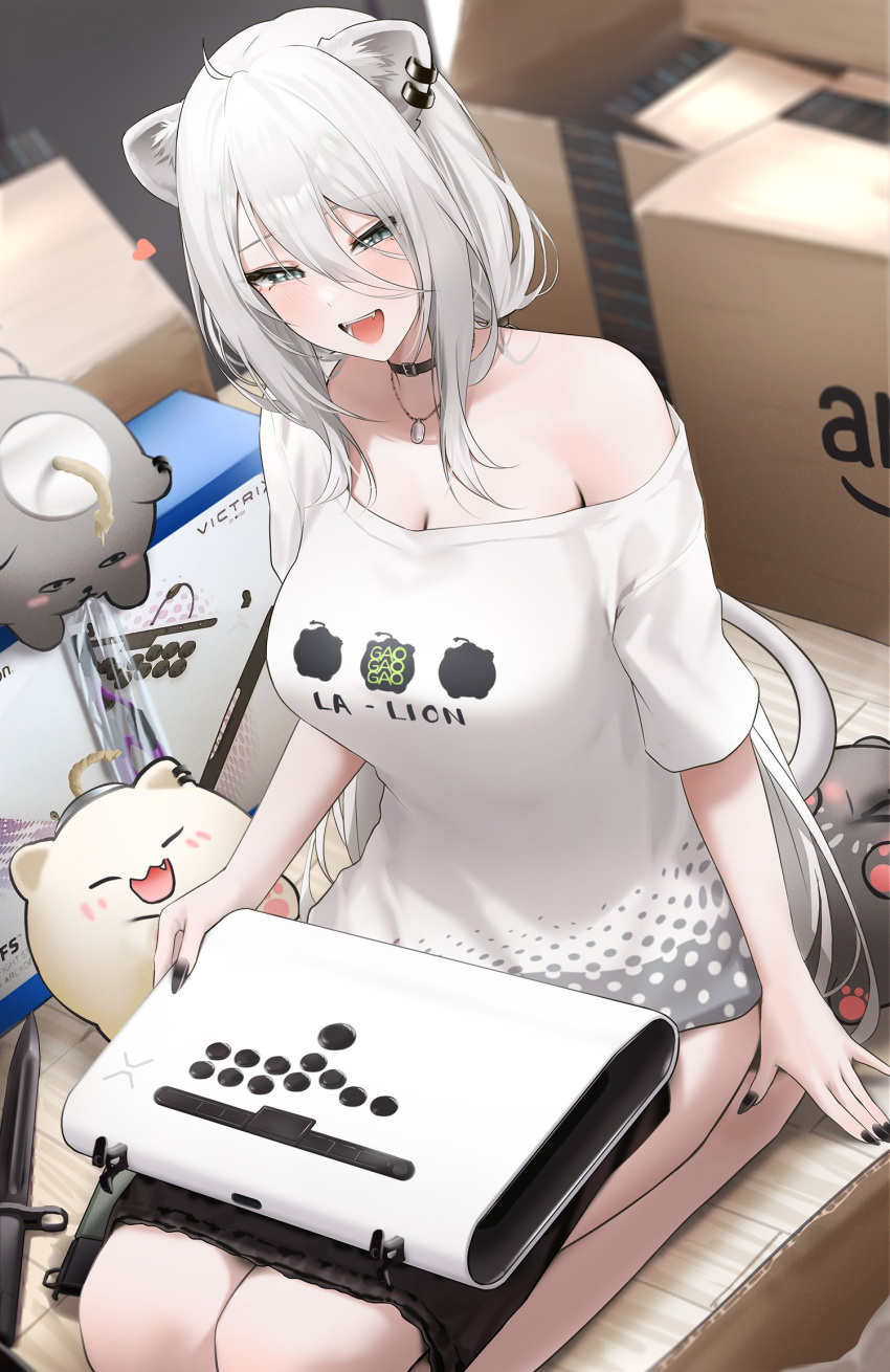 1girl :d animal_ear_fluff animal_ear_piercing animal_ears black_choker black_eyes black_nails blush box breasts cardboard_box choker controller game_controller hair_between_eyes heart highres hololive indoors jewelry knife large_breasts lion_ears lion_girl lion_tail long_hair looking_at_viewer necklace official_alternate_costume seiza shirt shishiro_botan shishiro_botan_(4th_costume) short_sleeves single_bare_shoulder sitting smile solo ssrb_(shishiro_botan) tail very_long_hair victrix virtual_youtuber wanne white_hair white_shirt