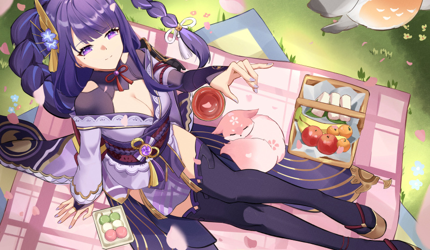 1girl absurdres alcohol animalization apple armor banana bird black_thighhighs blunt_bangs bow bowtie braid breasts bridal_gauntlets cleavage clog_sandals commentary_request cup czk dango food from_above fruit genshin_impact grass hair_bow hair_ornament hair_ribbon hand_up highres japanese_clothes kimono long_hair long_sleeves looking_at_viewer looking_up low-tied_long_hair low_ponytail mandarin_orange mat mitsudomoe_(shape) mole mole_under_eye nail_polish onigiri outdoors petals picnic picnic_basket pink_fur purple_eyes purple_hair purple_nails raiden_shogun red_bow red_bowtie ribbon sakazuki sake sanshoku_dango short_kimono shoulder_armor sidelocks single_braid sitting skewer sleeping smile thighhighs tomoe_(symbol) vision_(genshin_impact) wagashi wide_sleeves yae_miko yae_miko_(fox)