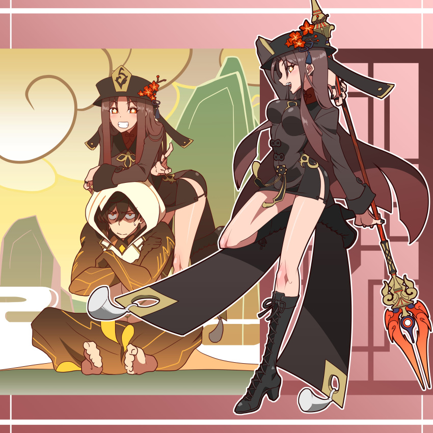 1boy 1girl absurdres arm_tattoo bent_over black_footwear black_hair black_headwear black_nails blush boots breast_rest breasts breasts_on_head brown_hair chinese_clothes cloak cloud coat coattails crossed_arms flower flower-shaped_pupils genshin_impact hair_between_eyes hat hat_flower hat_tassel highres holding holding_polearm holding_weapon hood hood_up hooded_cloak hooded_robe hu_tao_(genshin_impact) imtmcomics long_hair long_sleeves looking_at_viewer medium_breasts miniskirt mountain official_alternate_costume open_mouth plum_blossoms polearm porkpie_hat red_eyes rex_lapis_(genshin_impact) robe sidelocks sitting skirt smile staff_of_homa_(genshin_impact) standing standing_on_one_leg sweatdrop symbol-shaped_pupils tailcoat tattoo teeth thumb_ring upper_teeth_only v weapon white_coat yellow_eyes zhongli_(archon)_(genshin_impact) zhongli_(genshin_impact)